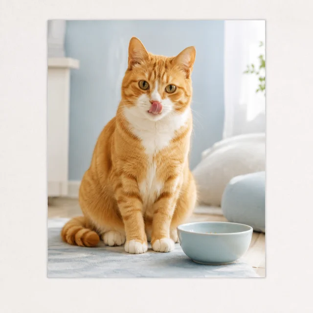 朝ごはんを食べ終えてくつろぐ茶トラの猫