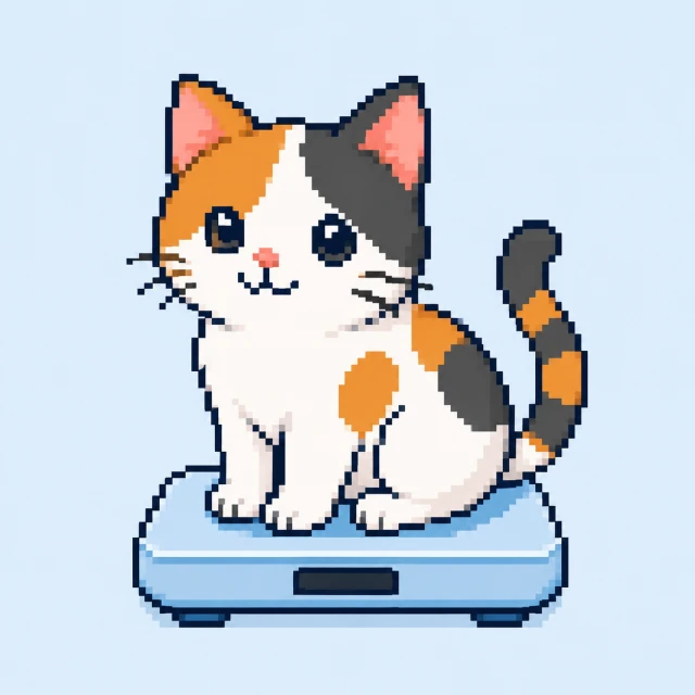 体重計にちょこんと乗る三毛猫のドット絵