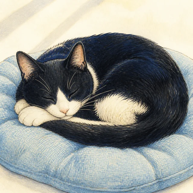 青いクッションで眠る白黒猫の手描き風イラスト